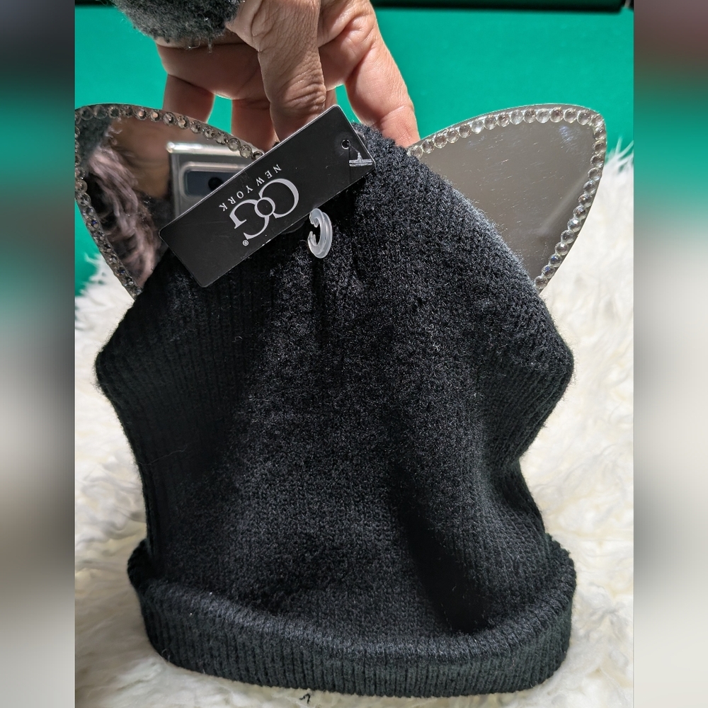 Black Knit Hat with Silver Cat Ears